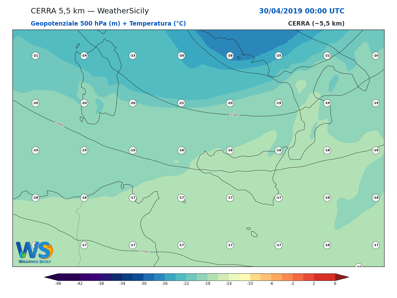 Geopotenziale 500 hPa + Temperatura · 2019043000