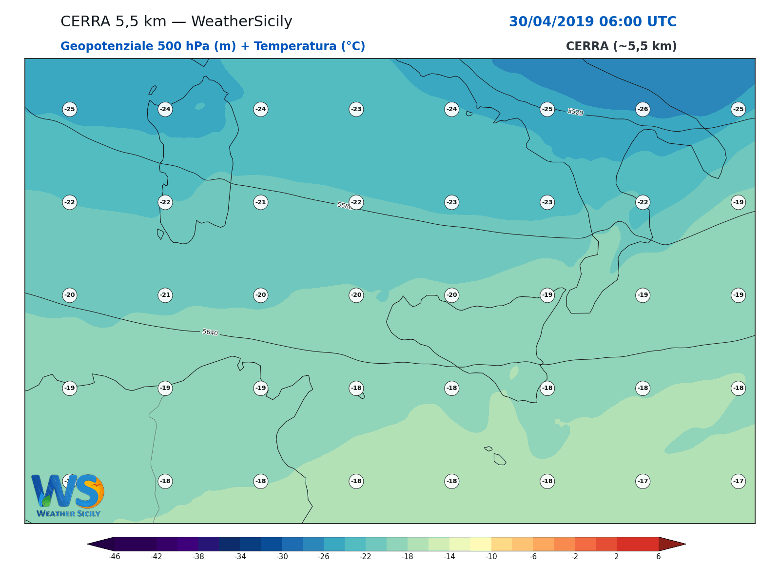 Geopotenziale 500 hPa + Temperatura · 2019043006