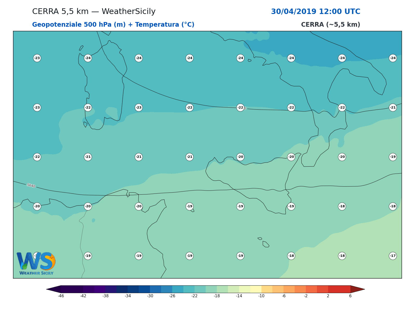 Geopotenziale 500 hPa + Temperatura · 2019043012