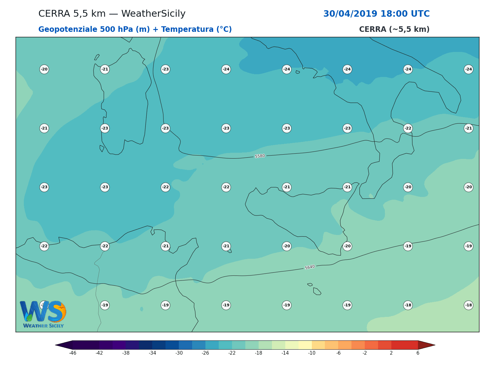 Geopotenziale 500 hPa + Temperatura · 2019043018