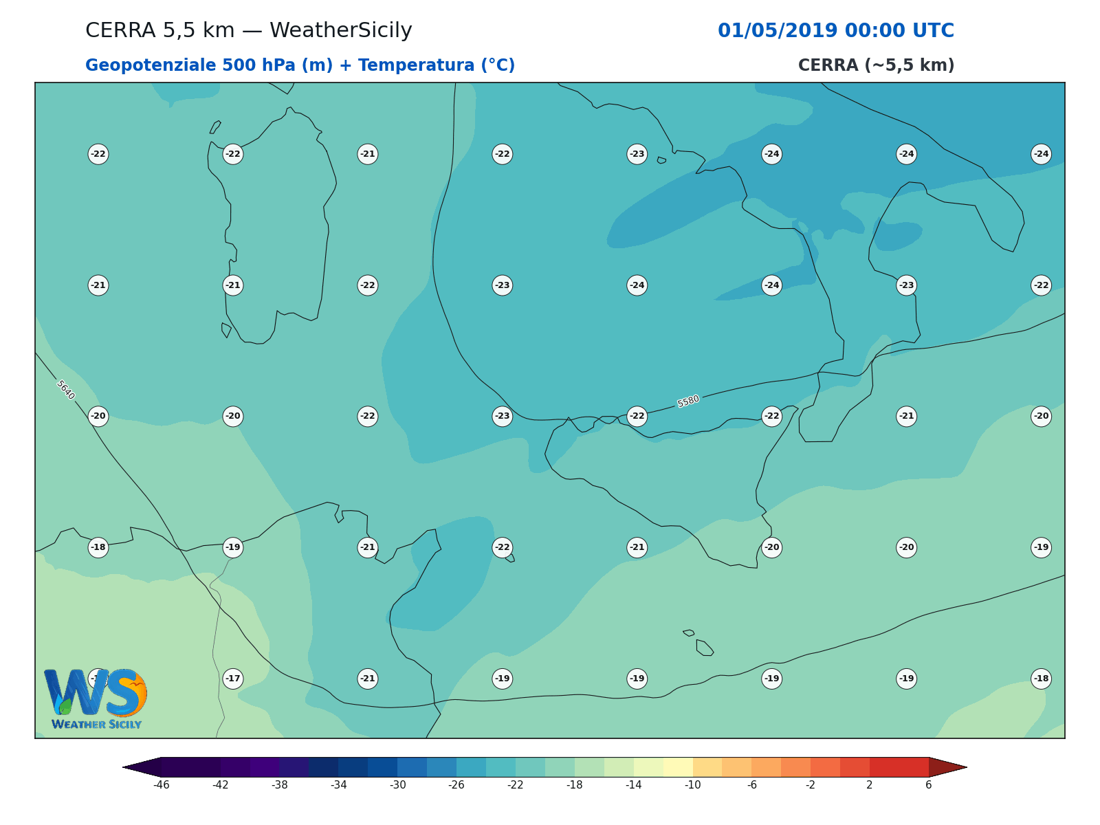 Geopotenziale 500 hPa + Temperatura · 2019050100