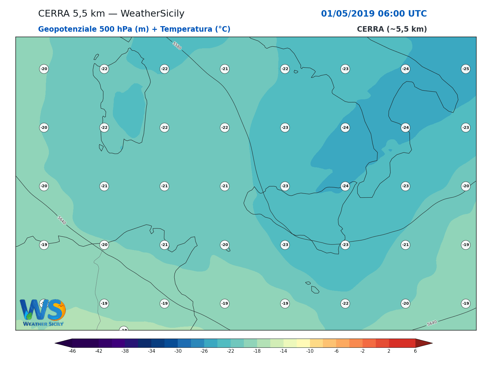 Geopotenziale 500 hPa + Temperatura · 2019050106