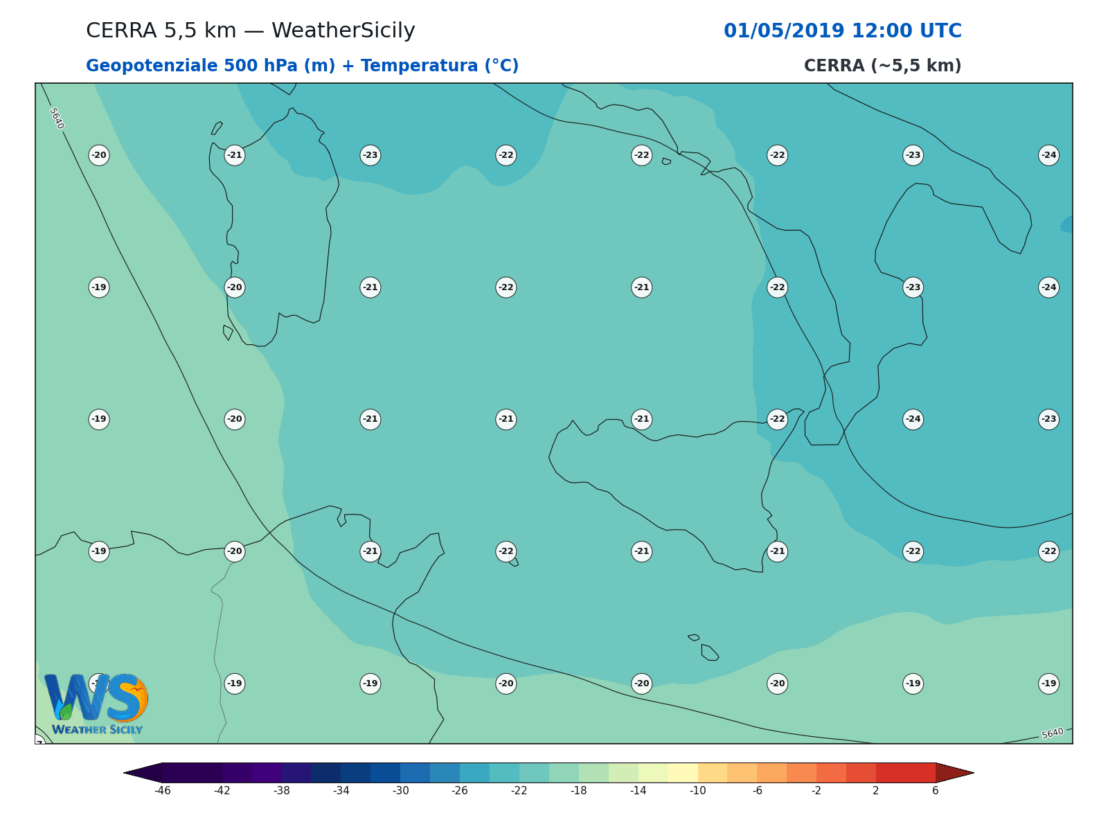 Geopotenziale 500 hPa + Temperatura · 2019050112