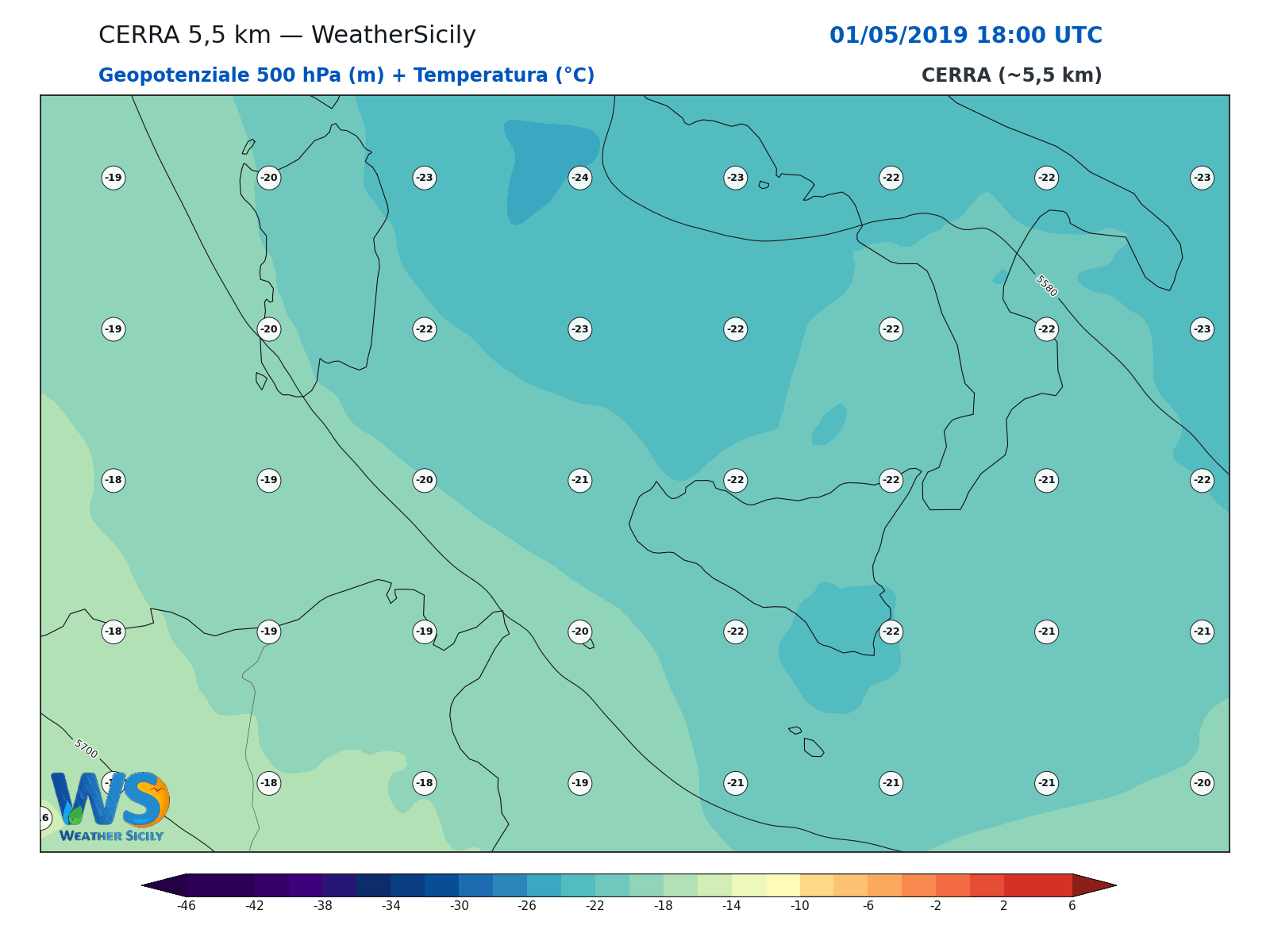 Geopotenziale 500 hPa + Temperatura · 2019050118