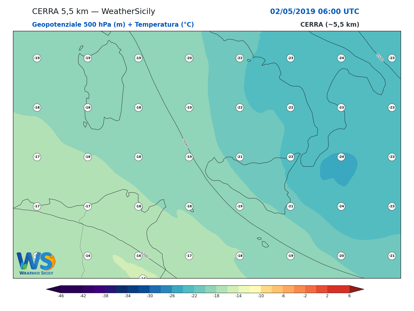 Geopotenziale 500 hPa + Temperatura · 2019050206