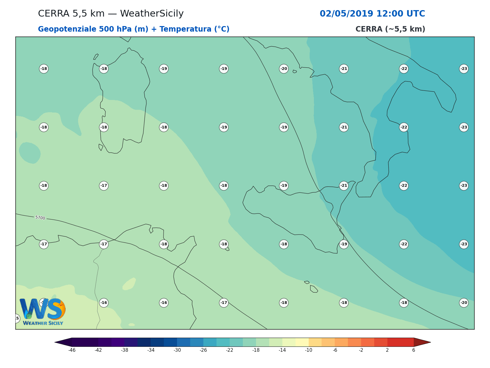 Geopotenziale 500 hPa + Temperatura · 2019050212