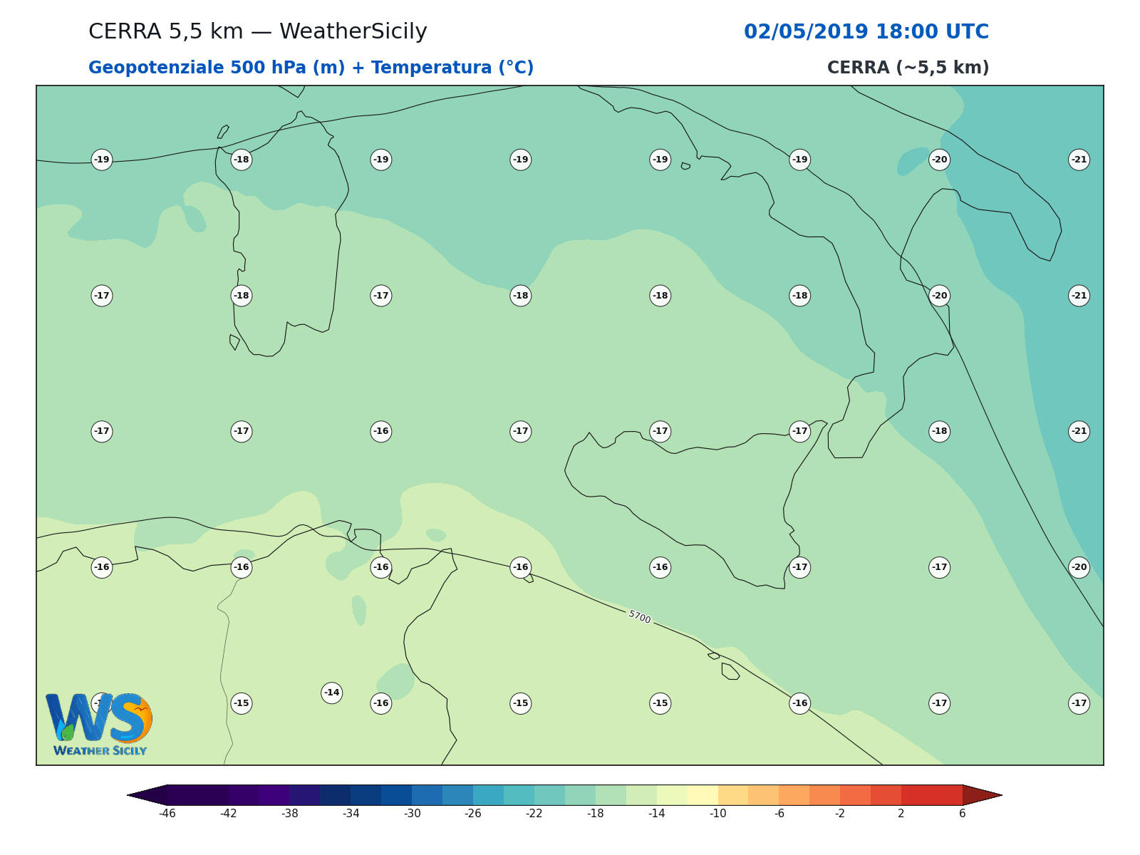 Geopotenziale 500 hPa + Temperatura · 2019050218