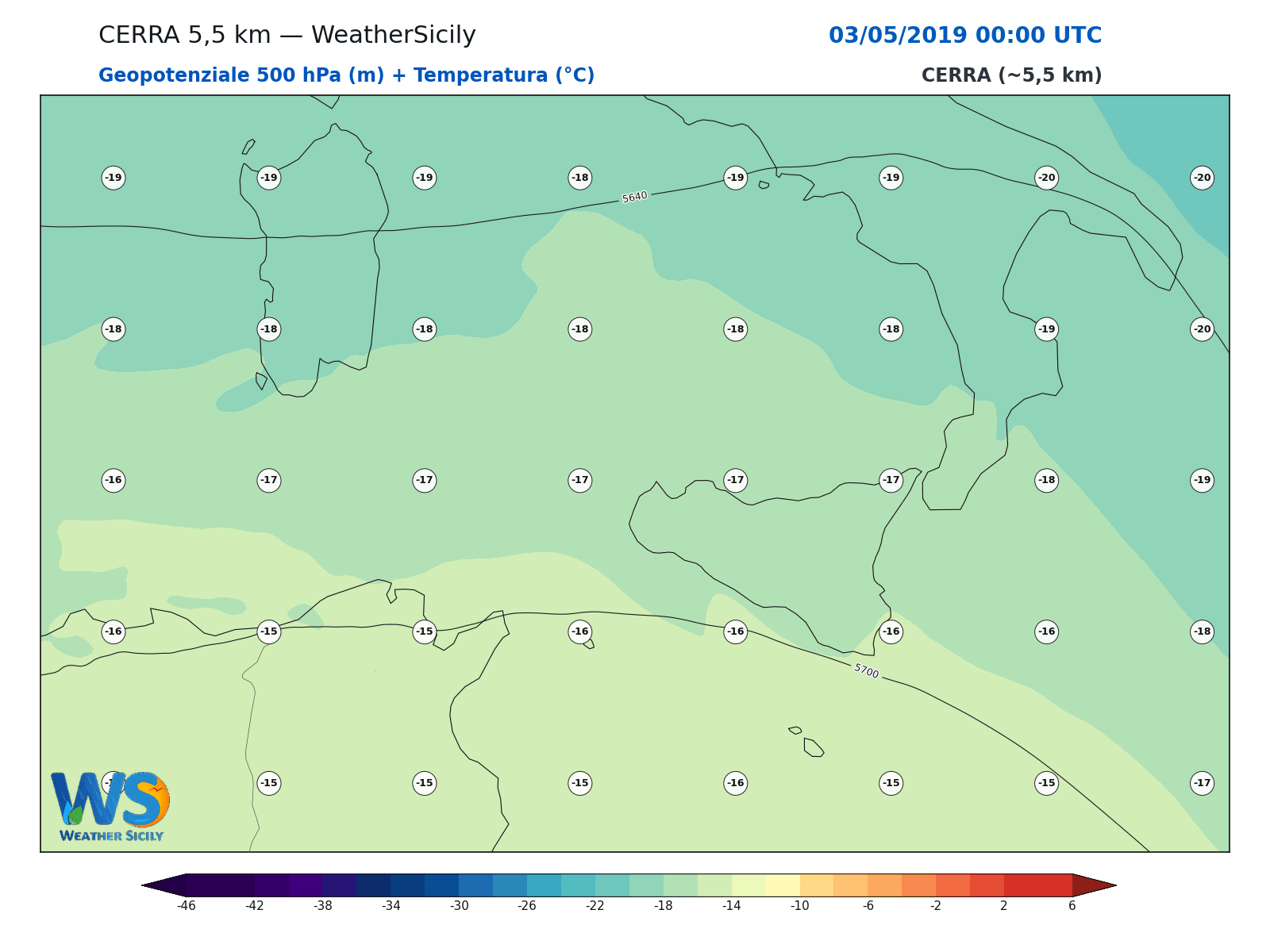 Geopotenziale 500 hPa + Temperatura · 2019050300