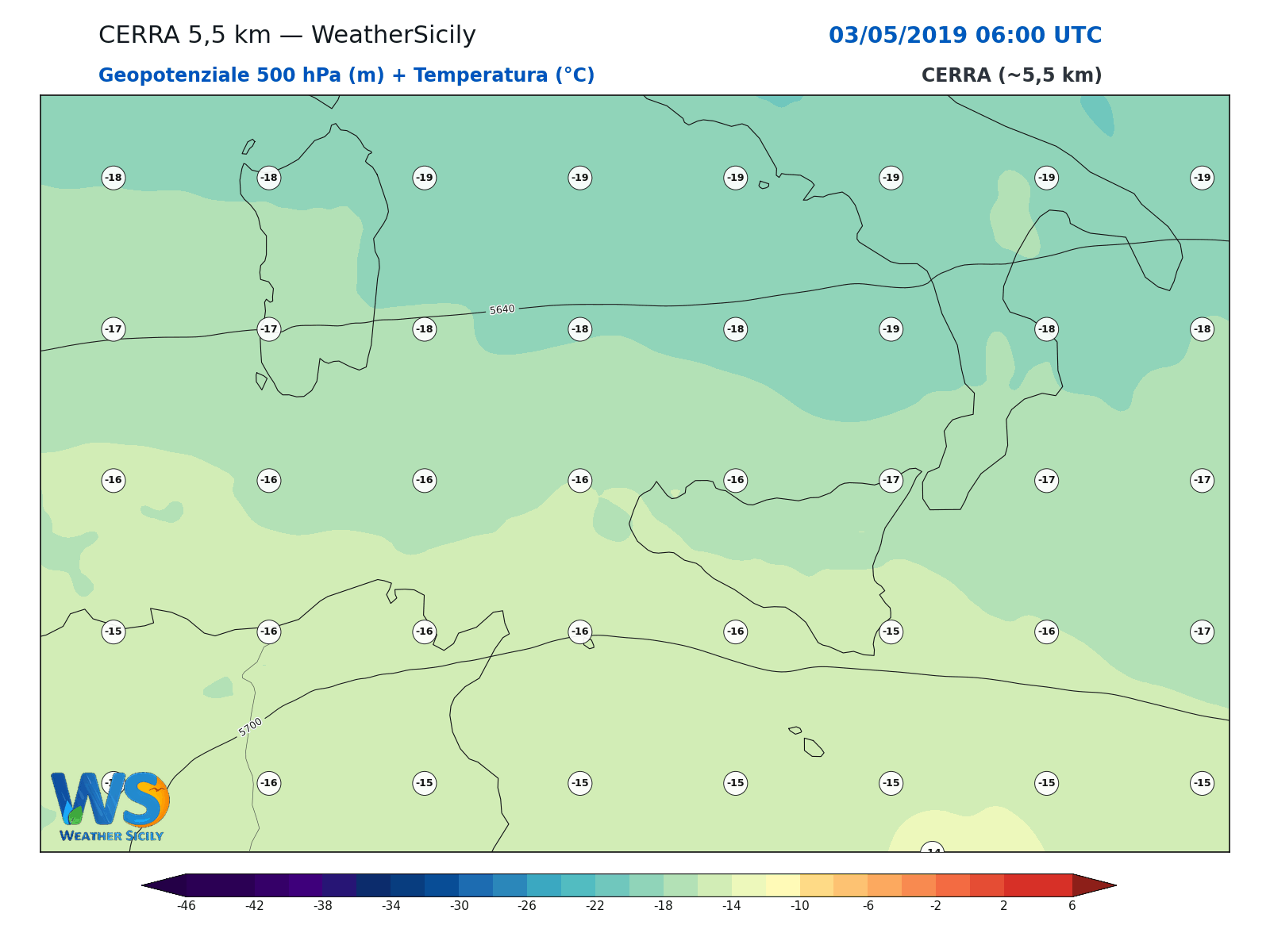 Geopotenziale 500 hPa + Temperatura · 2019050306