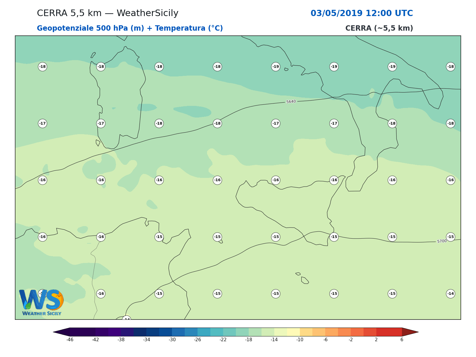 Geopotenziale 500 hPa + Temperatura · 2019050312