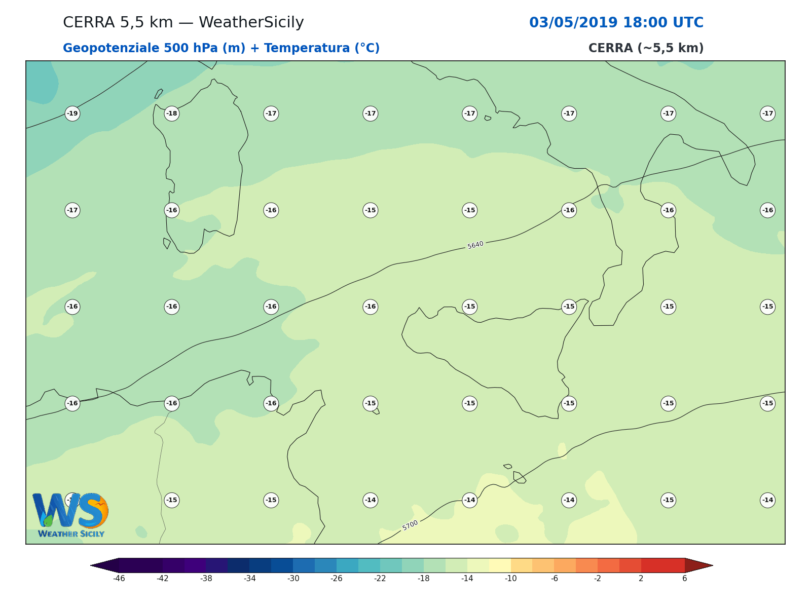 Geopotenziale 500 hPa + Temperatura · 2019050318