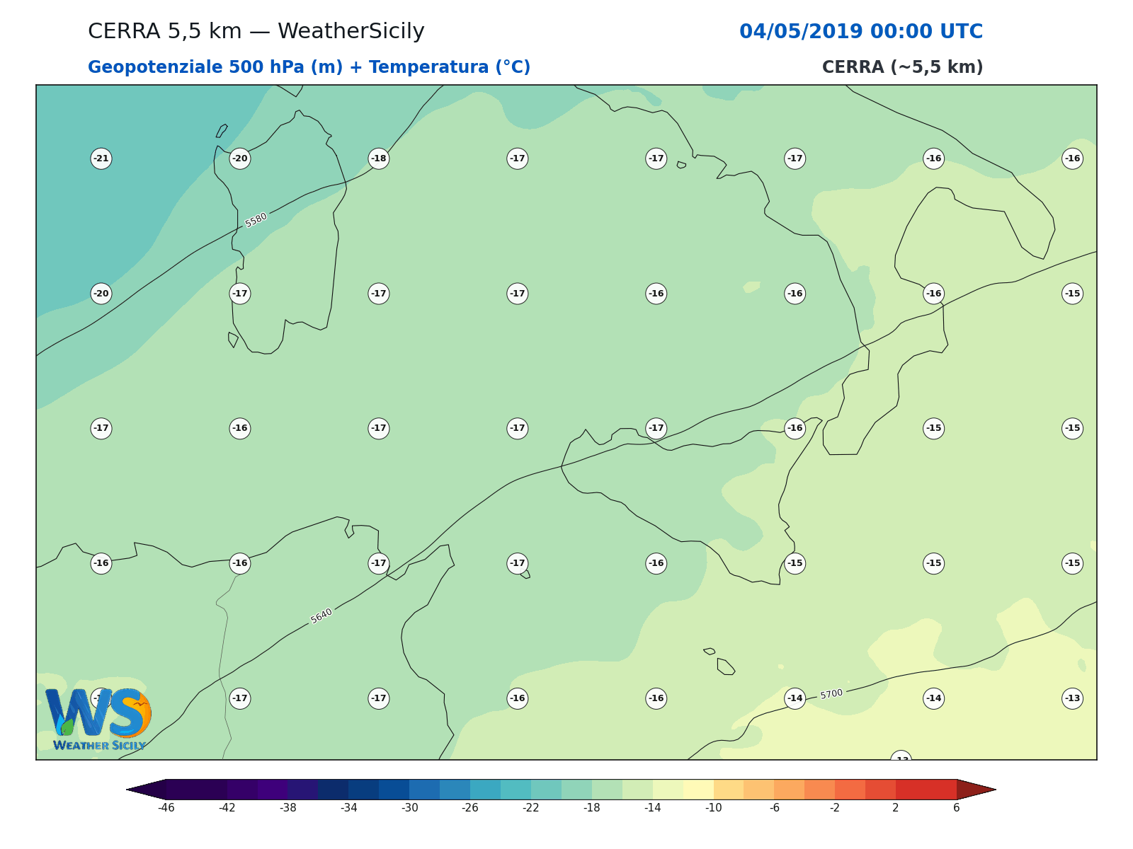 Geopotenziale 500 hPa + Temperatura · 2019050400