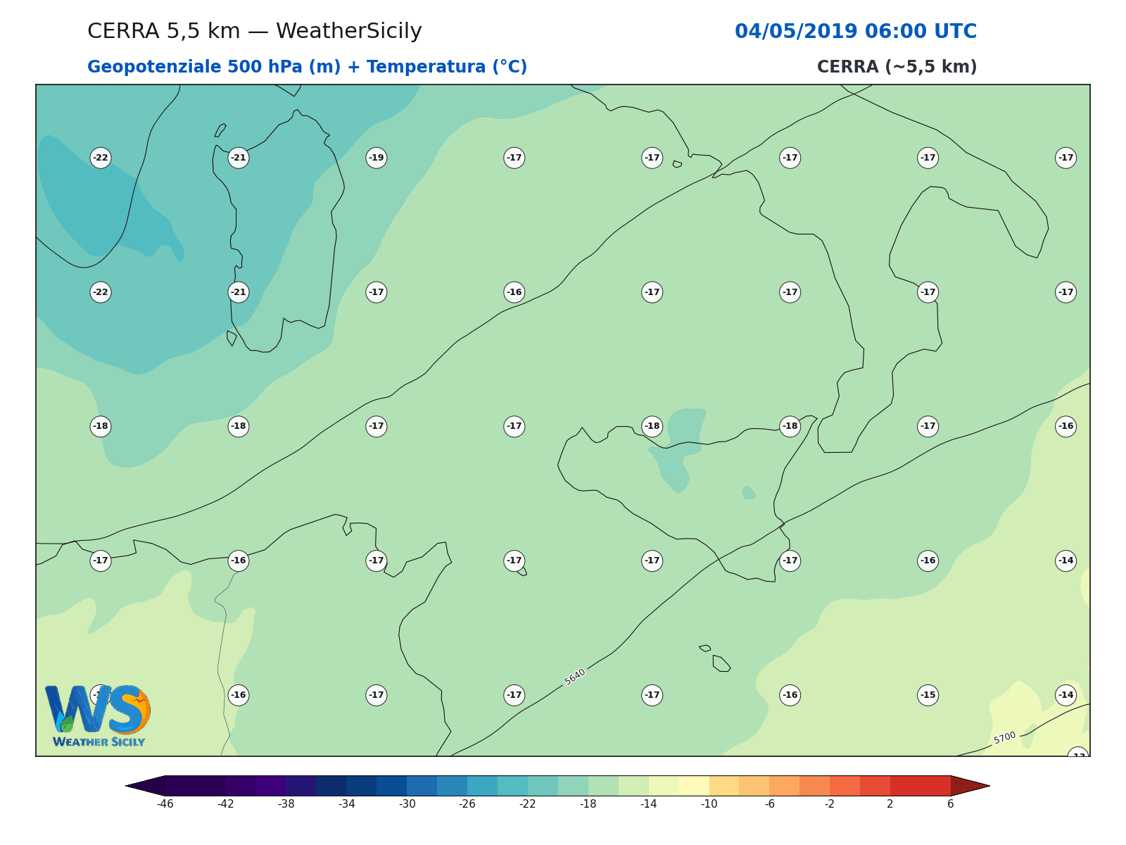 Geopotenziale 500 hPa + Temperatura · 2019050406