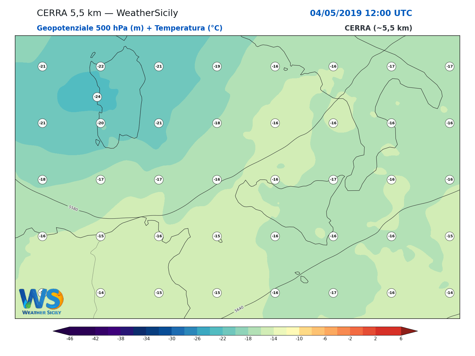 Geopotenziale 500 hPa + Temperatura · 2019050412
