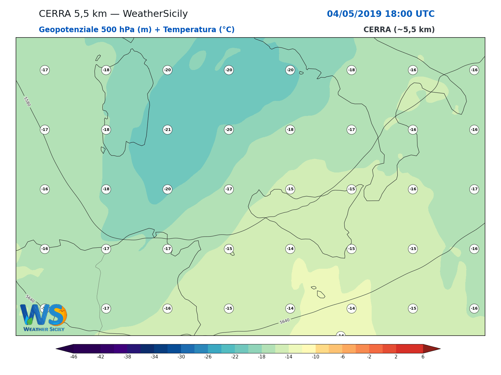 Geopotenziale 500 hPa + Temperatura · 2019050418
