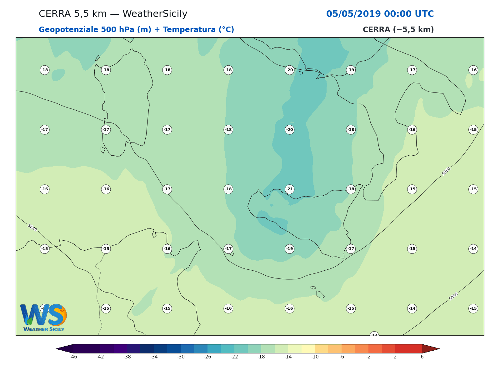 Geopotenziale 500 hPa + Temperatura · 2019050500