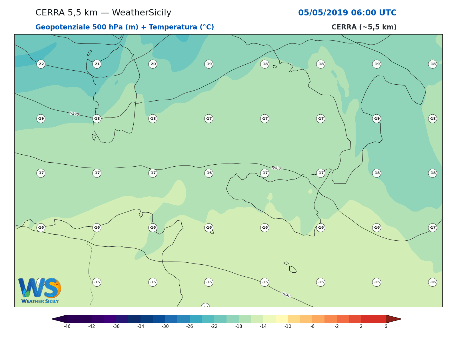 Geopotenziale 500 hPa + Temperatura · 2019050506