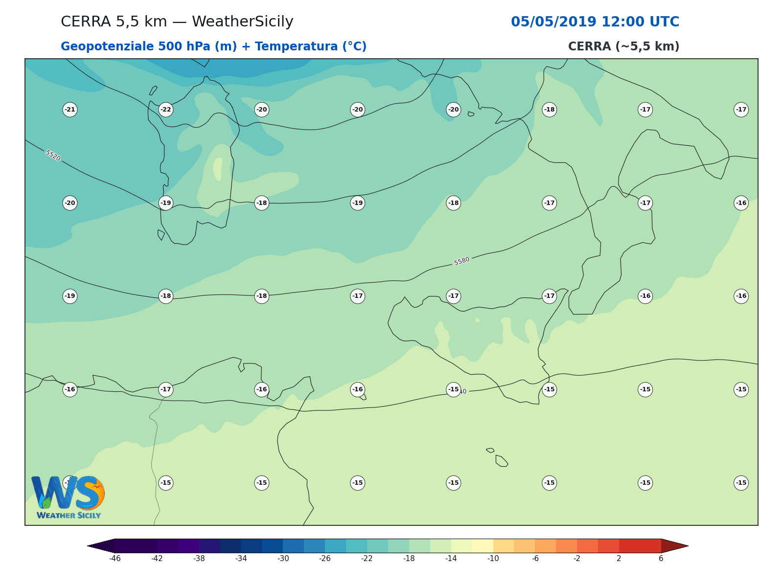 Geopotenziale 500 hPa + Temperatura · 2019050512