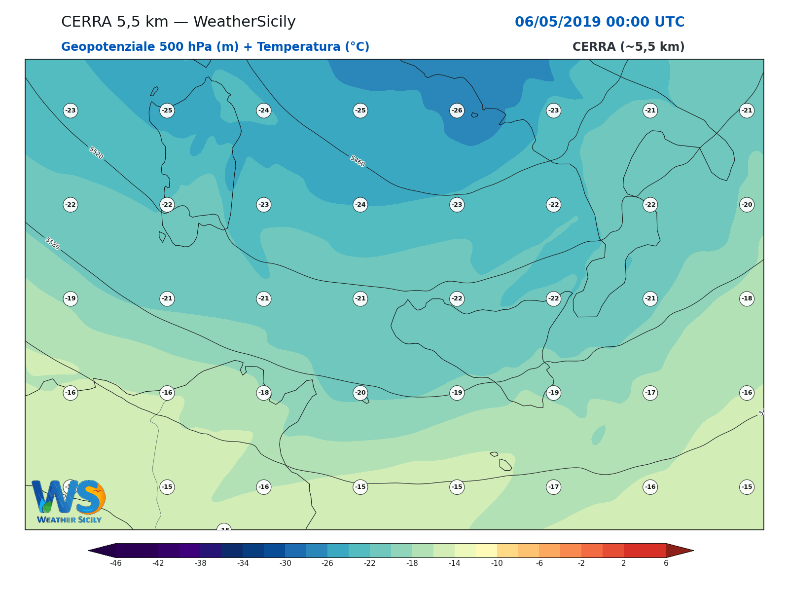 Geopotenziale 500 hPa + Temperatura · 2019050600