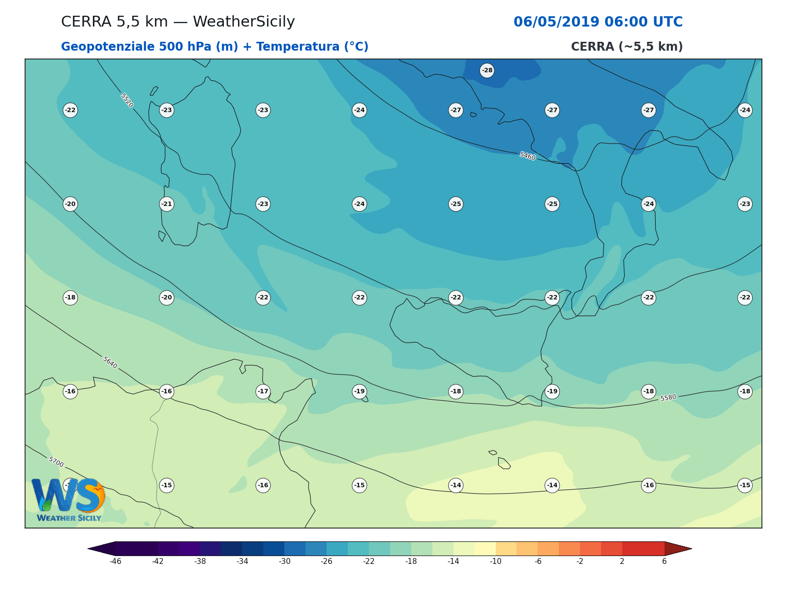Geopotenziale 500 hPa + Temperatura · 2019050606