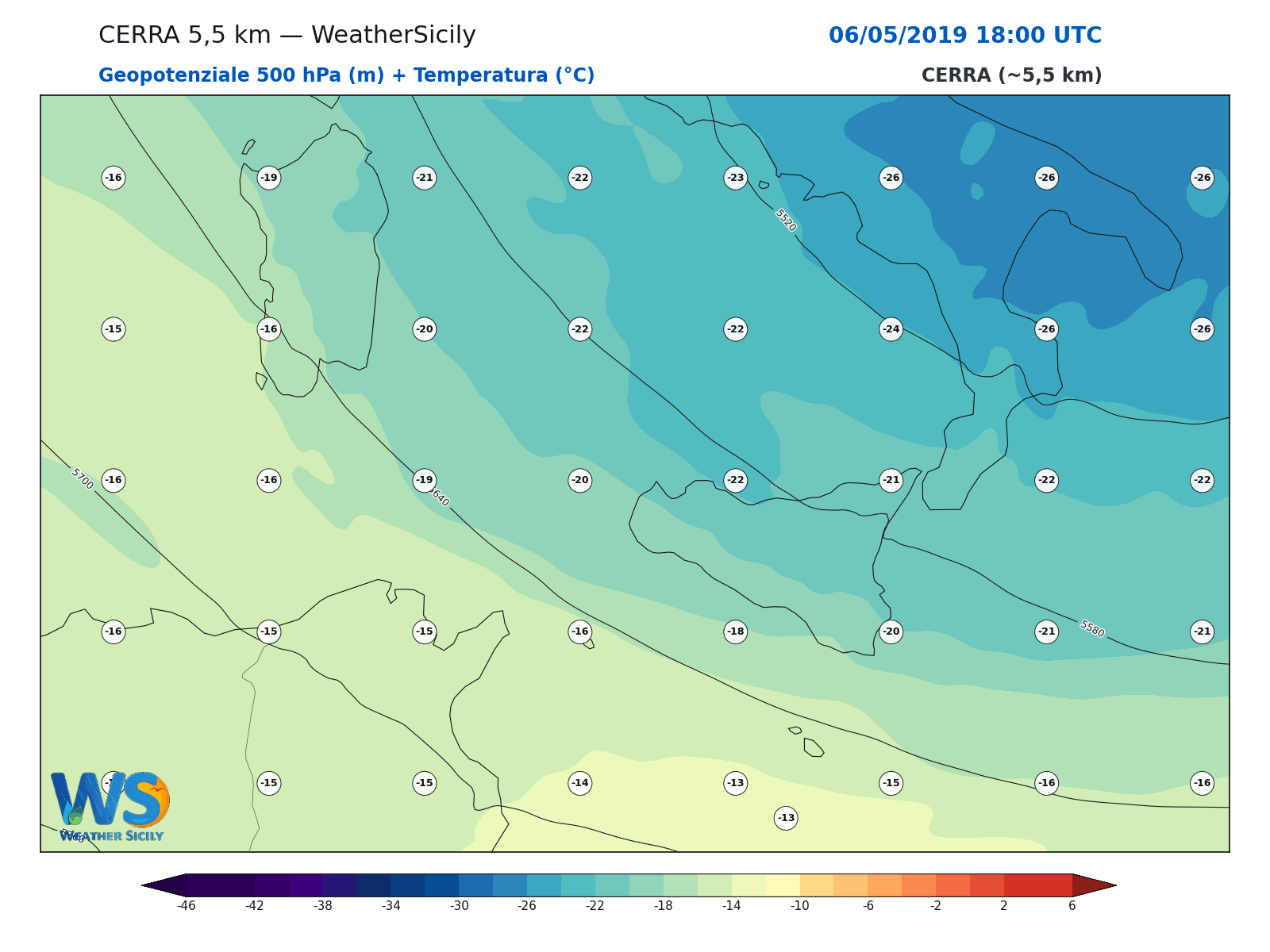 Geopotenziale 500 hPa + Temperatura · 2019050618