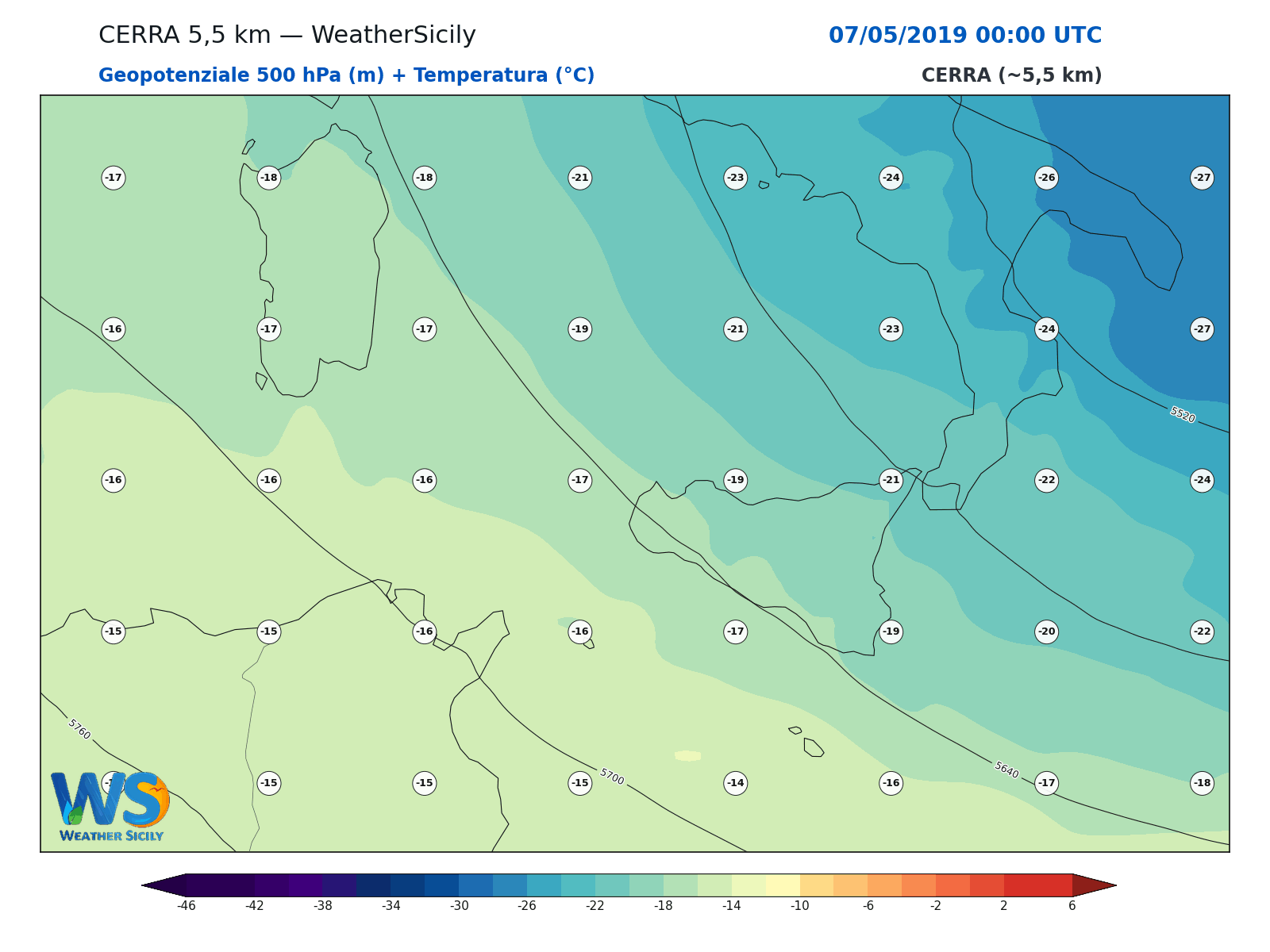 Geopotenziale 500 hPa + Temperatura · 2019050700