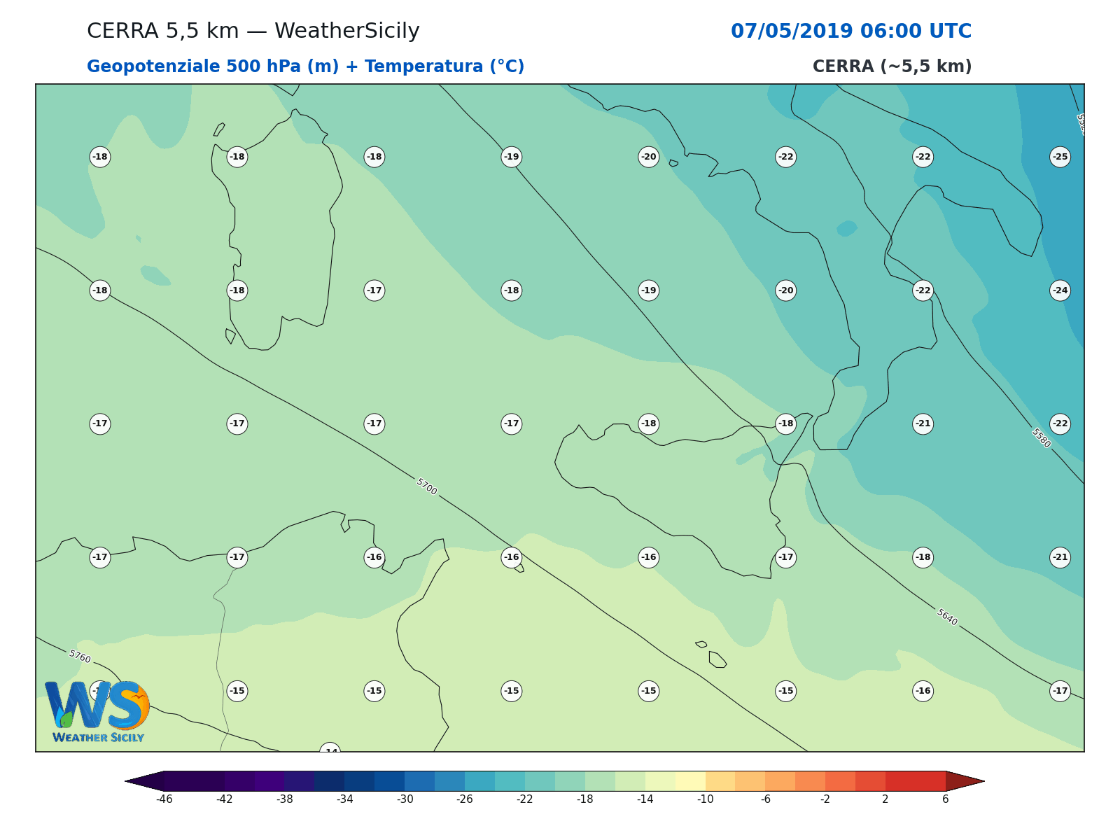 Geopotenziale 500 hPa + Temperatura · 2019050706