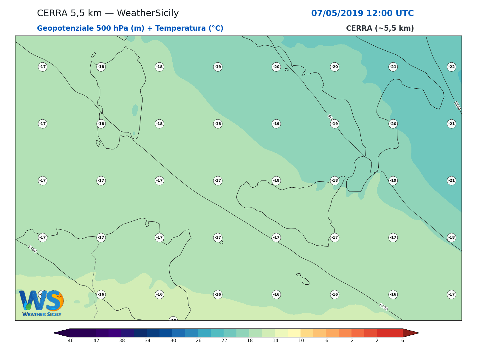Geopotenziale 500 hPa + Temperatura · 2019050712