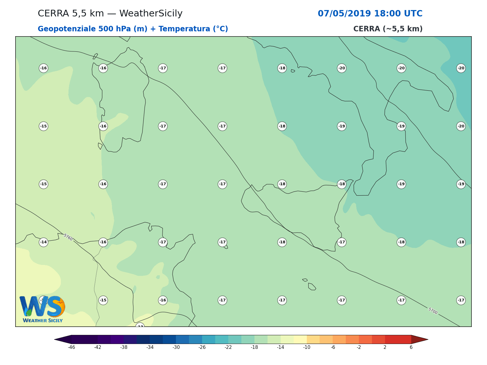 Geopotenziale 500 hPa + Temperatura · 2019050718