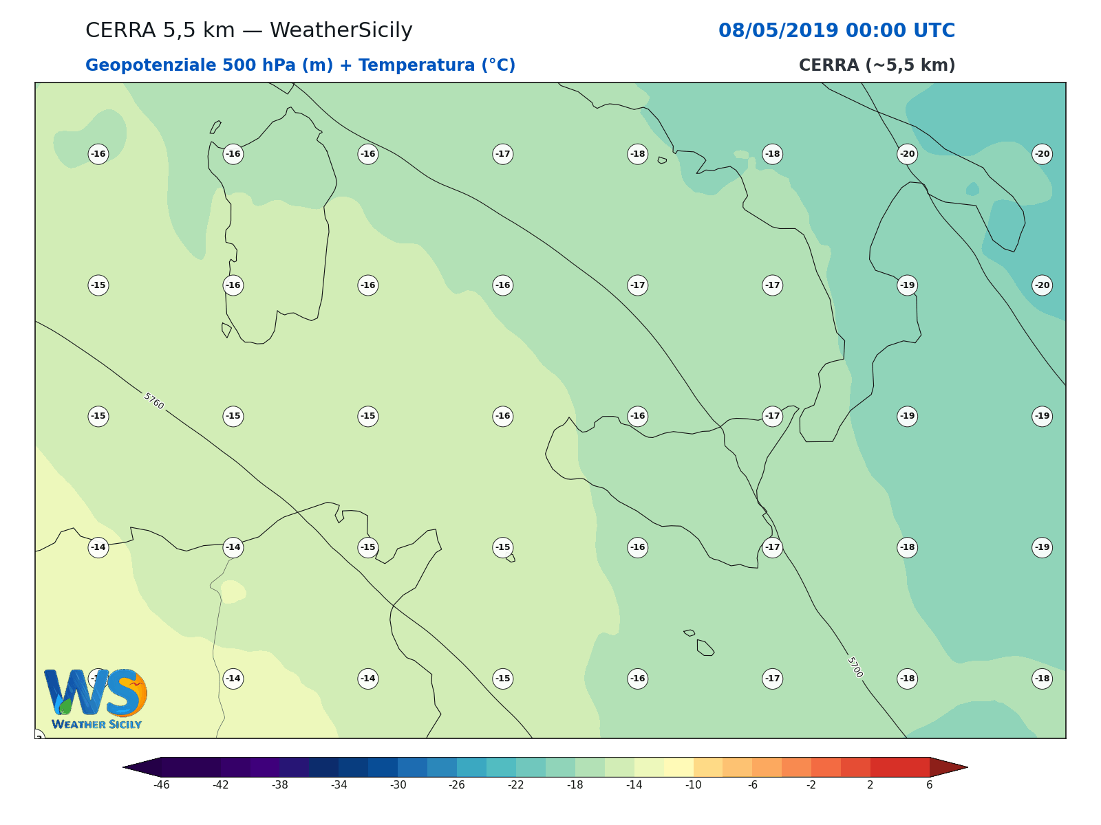 Geopotenziale 500 hPa + Temperatura · 2019050800
