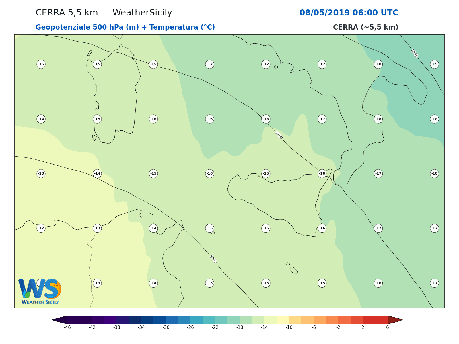 Geopotenziale 500 hPa + Temperatura · 2019050806