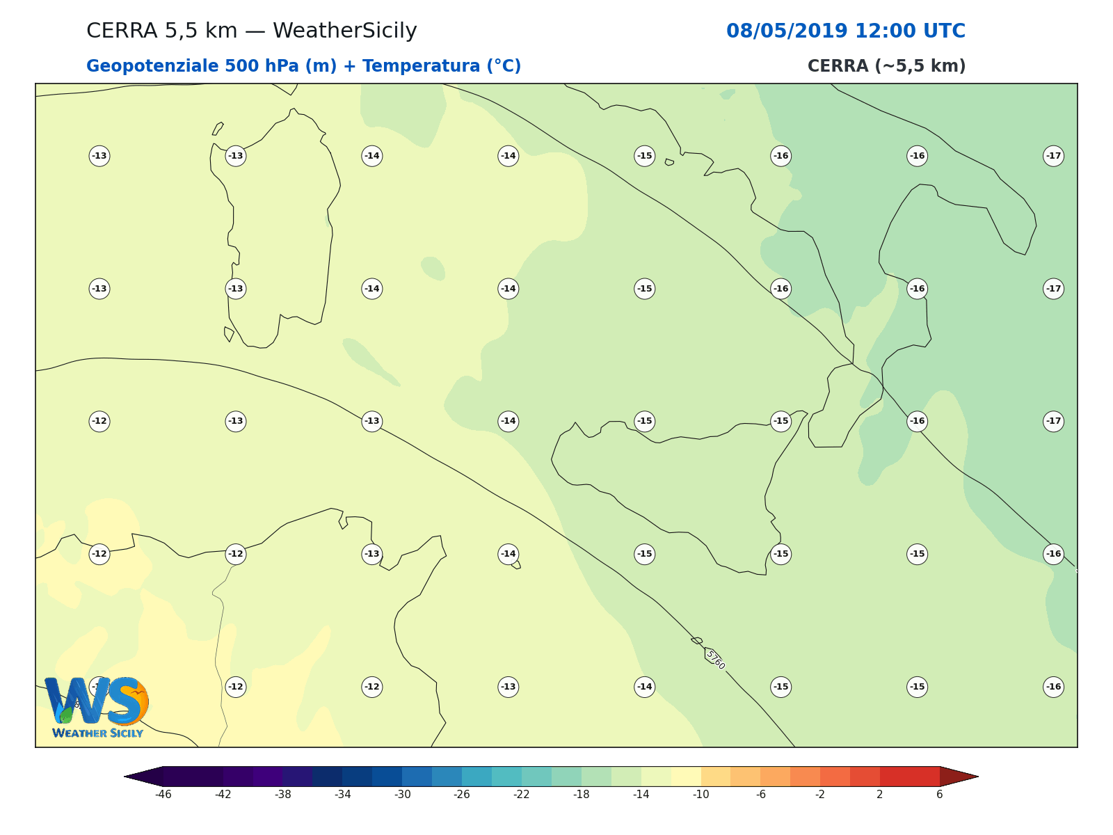 Geopotenziale 500 hPa + Temperatura · 2019050812