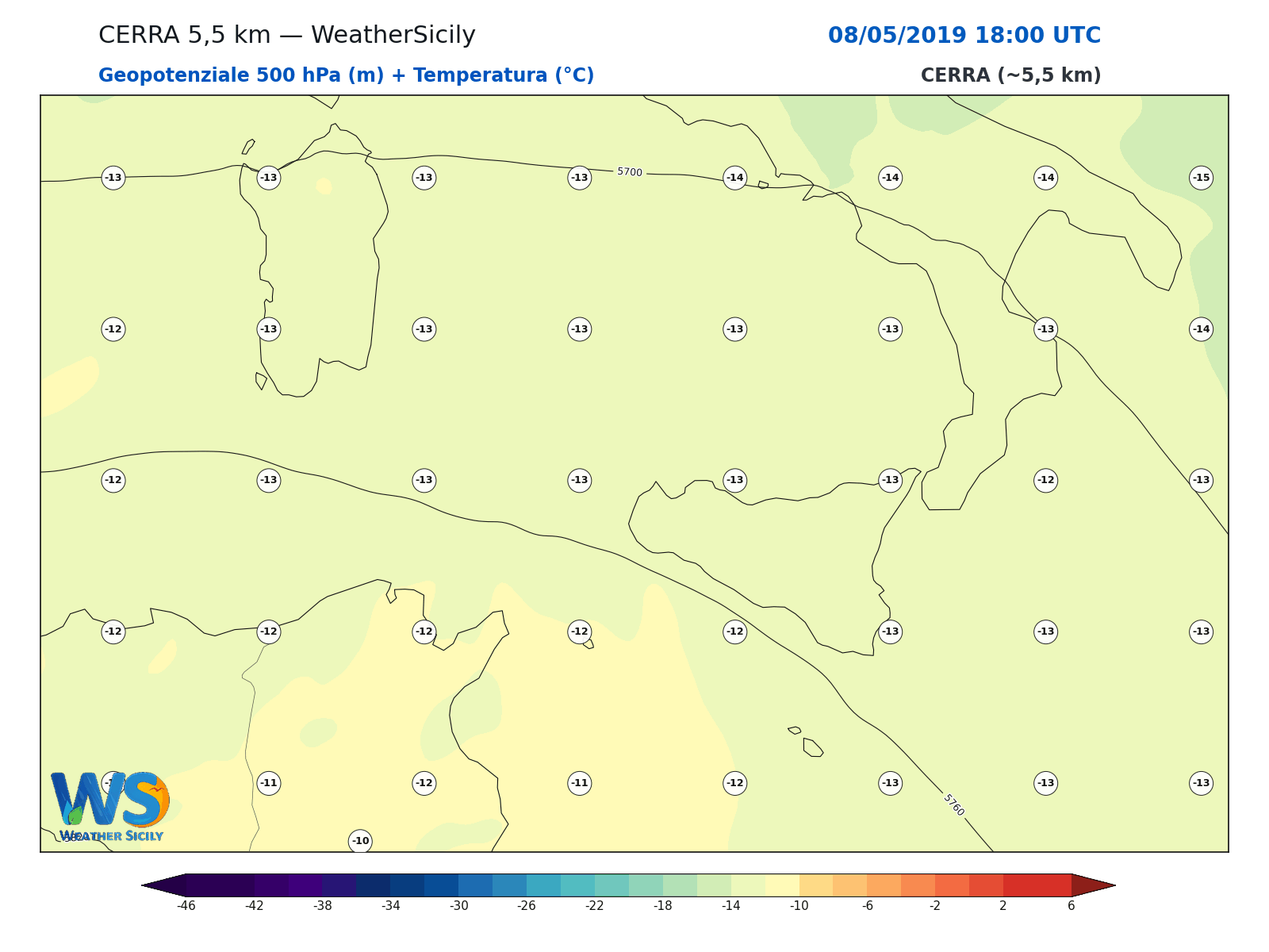 Geopotenziale 500 hPa + Temperatura · 2019050818