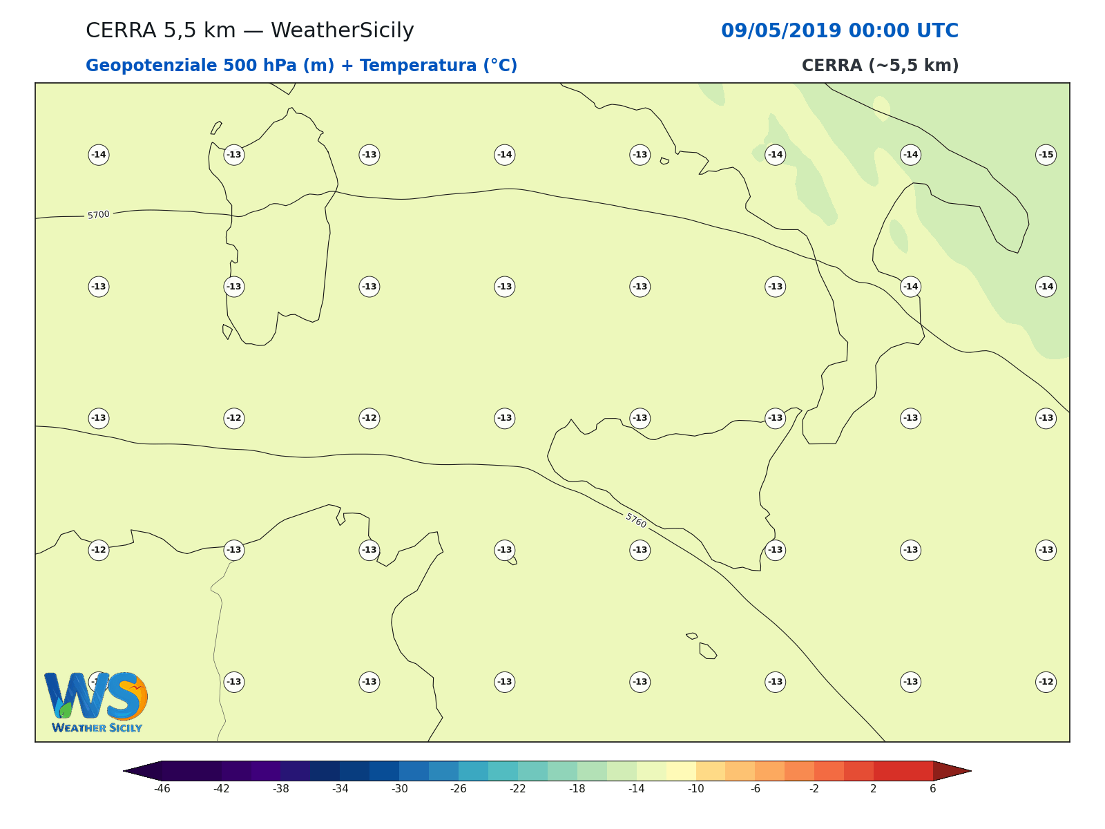 Geopotenziale 500 hPa + Temperatura · 2019050900