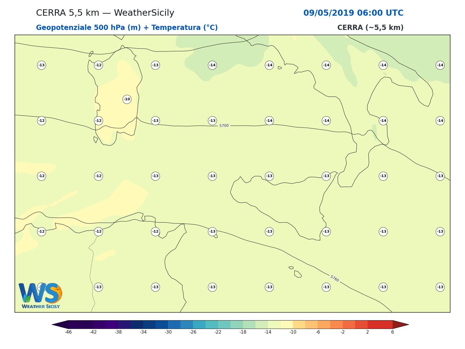 Geopotenziale 500 hPa + Temperatura · 2019050906
