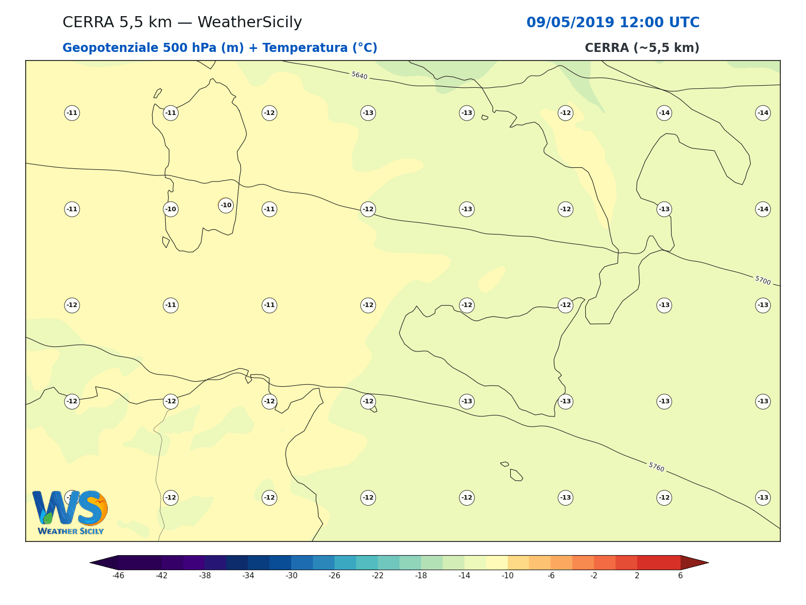 Geopotenziale 500 hPa + Temperatura · 2019050912