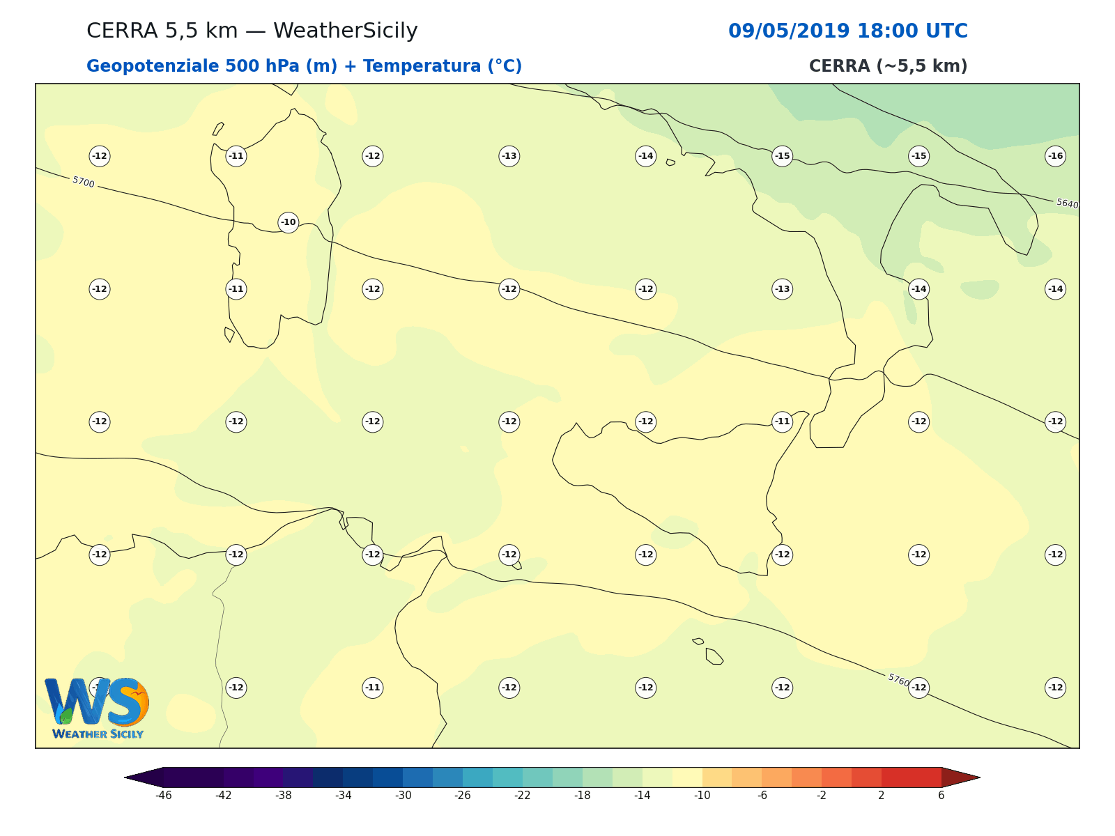 Geopotenziale 500 hPa + Temperatura · 2019050918