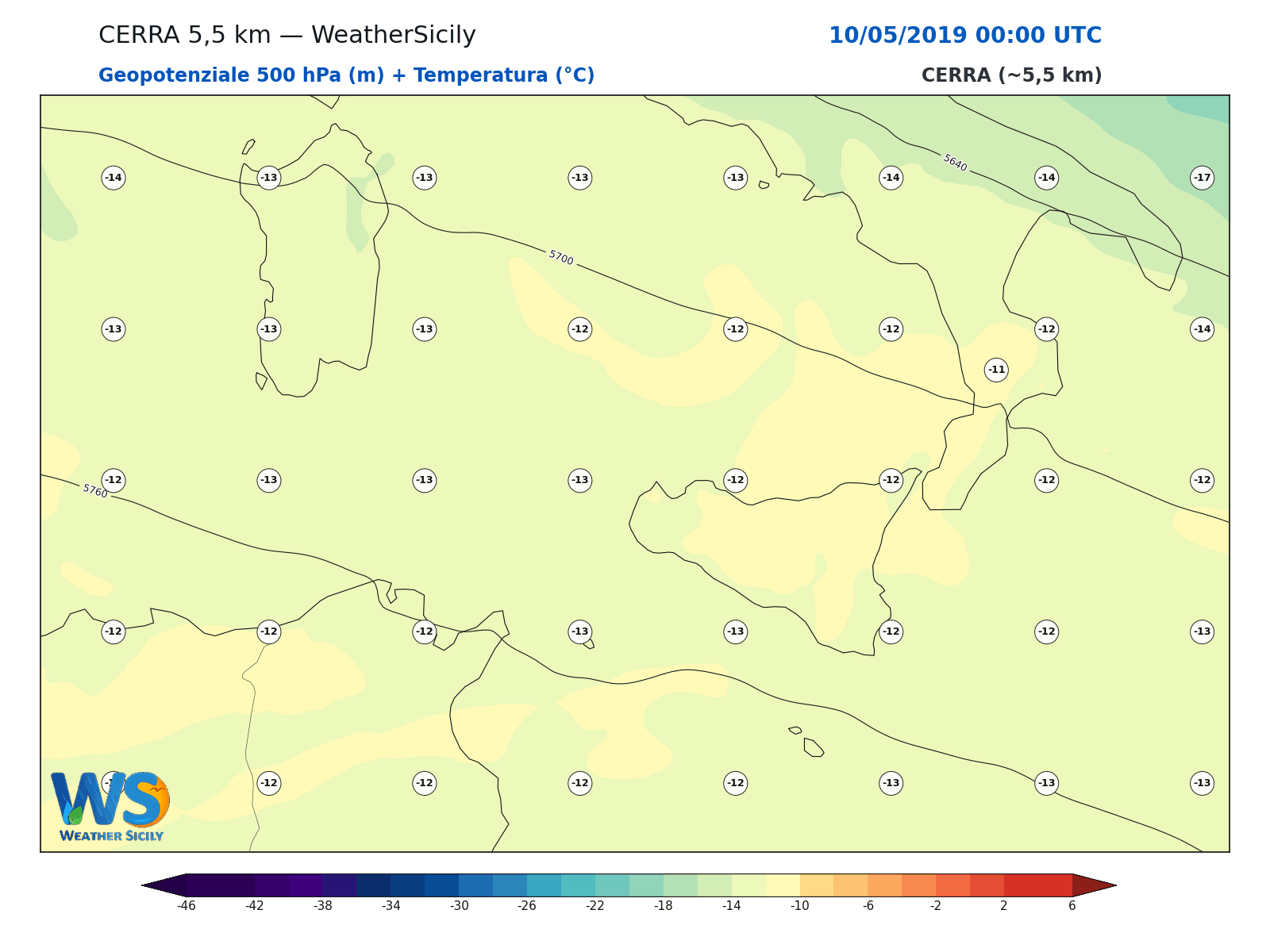 Geopotenziale 500 hPa + Temperatura · 2019051000