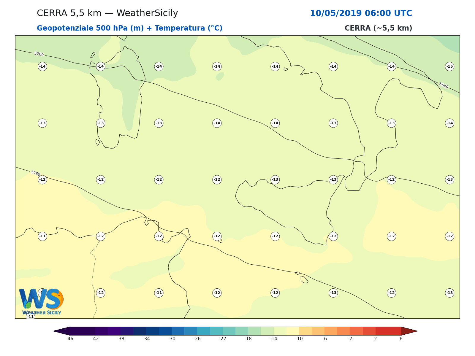 Geopotenziale 500 hPa + Temperatura · 2019051006