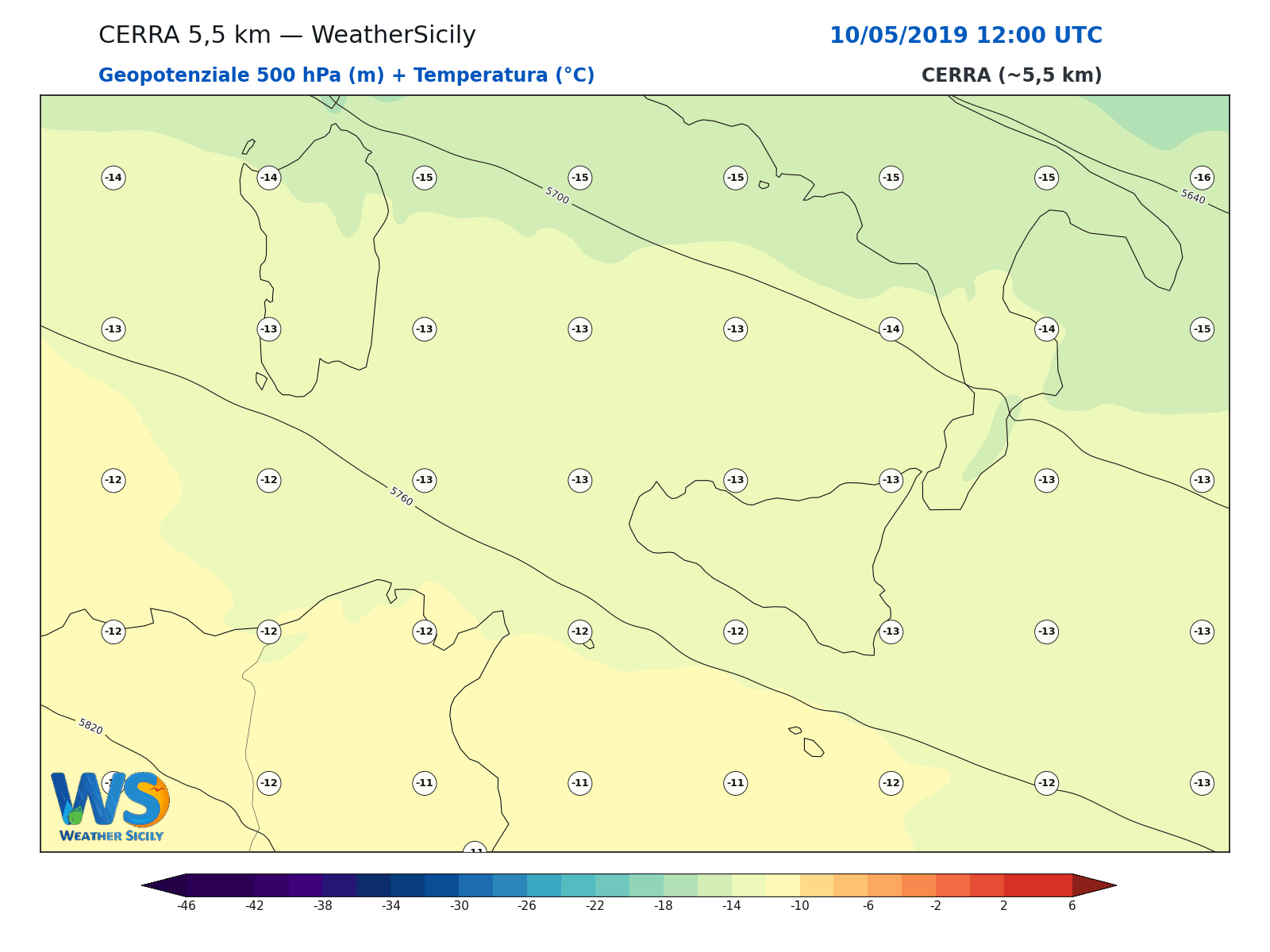 Geopotenziale 500 hPa + Temperatura · 2019051012