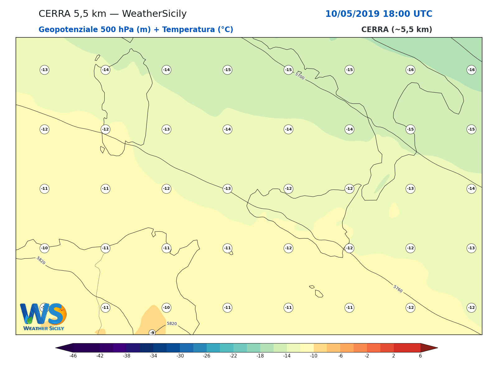 Geopotenziale 500 hPa + Temperatura · 2019051018