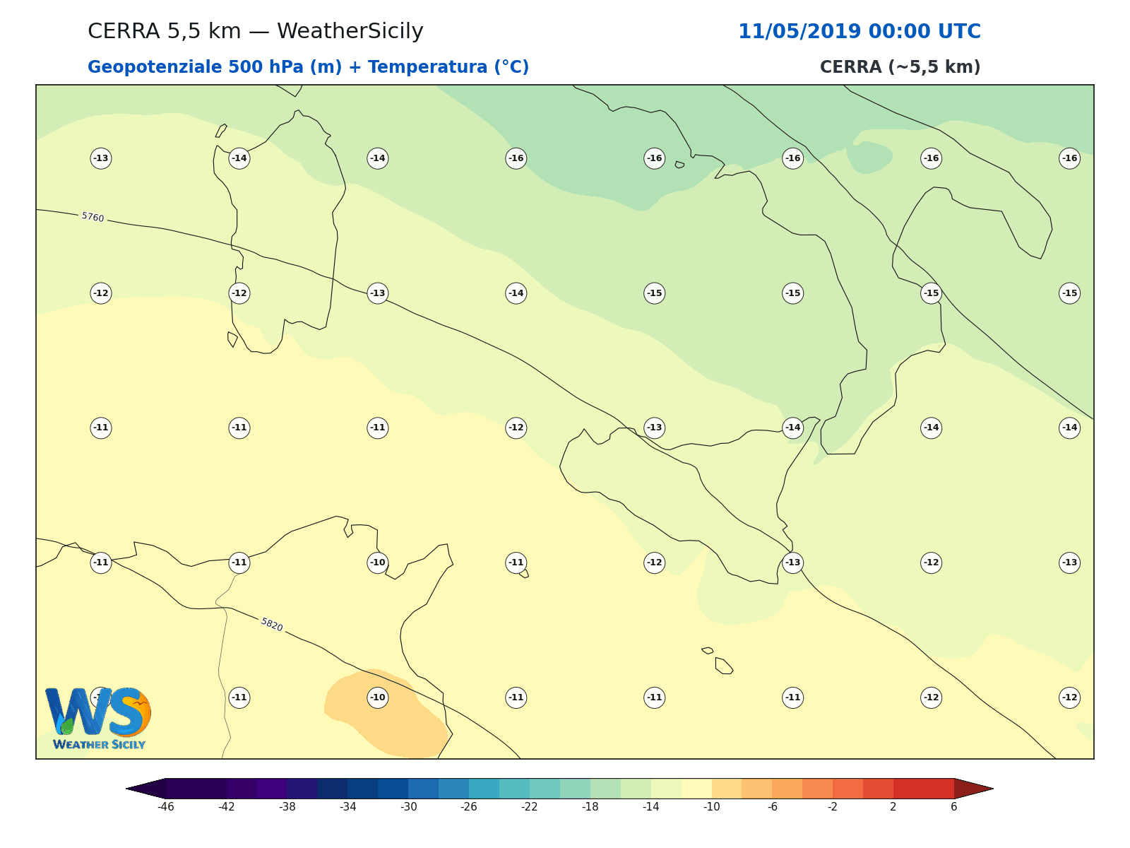 Geopotenziale 500 hPa + Temperatura · 2019051100