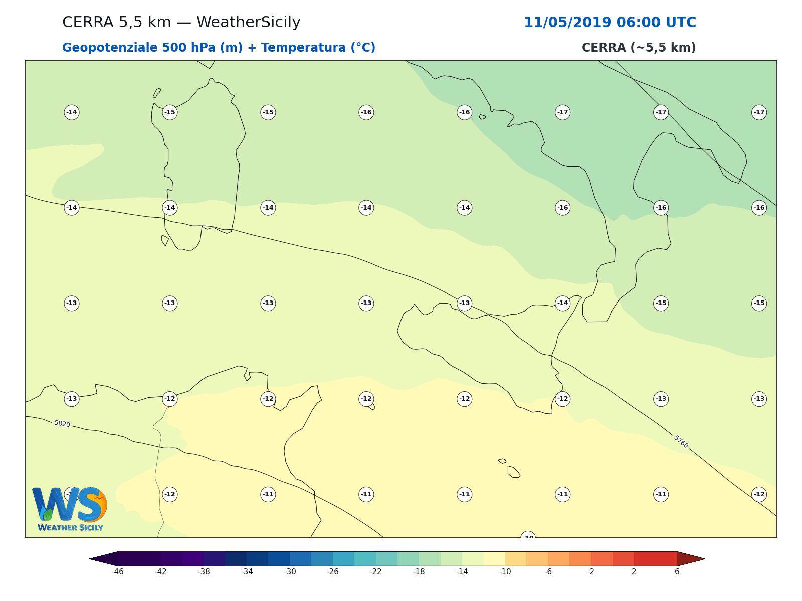 Geopotenziale 500 hPa + Temperatura · 2019051106