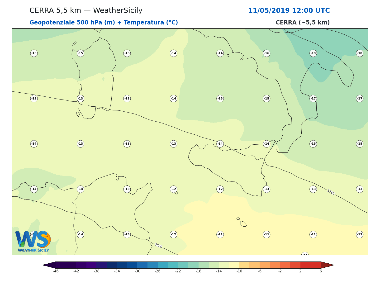 Geopotenziale 500 hPa + Temperatura · 2019051112
