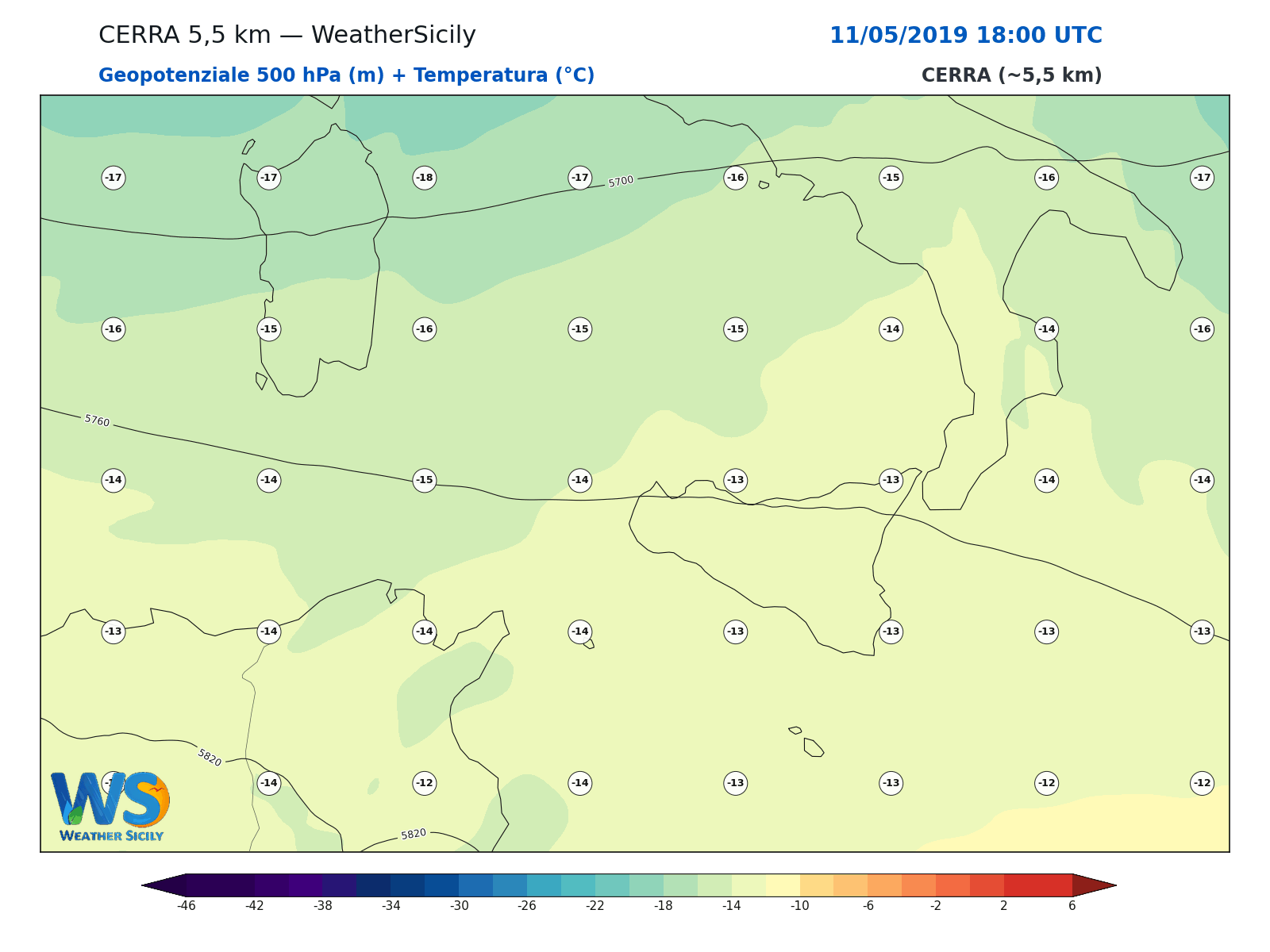 Geopotenziale 500 hPa + Temperatura · 2019051118