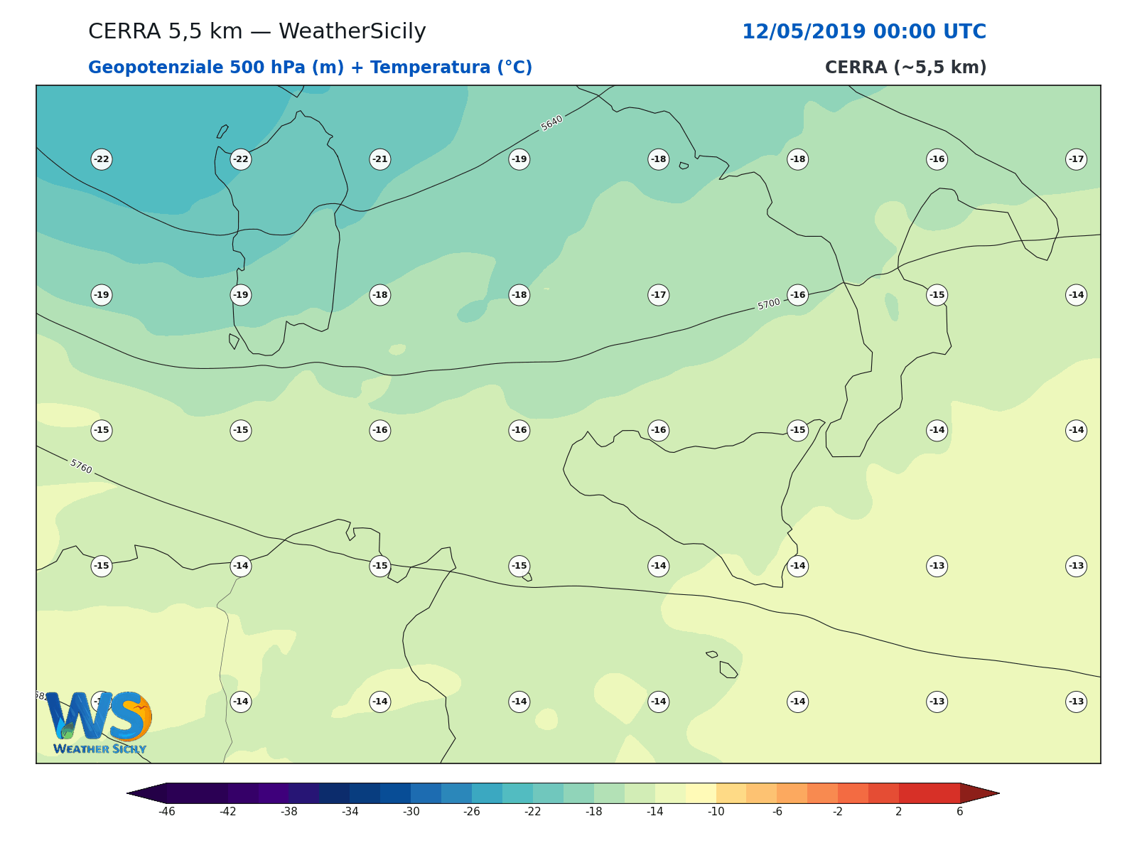 Geopotenziale 500 hPa + Temperatura · 2019051200