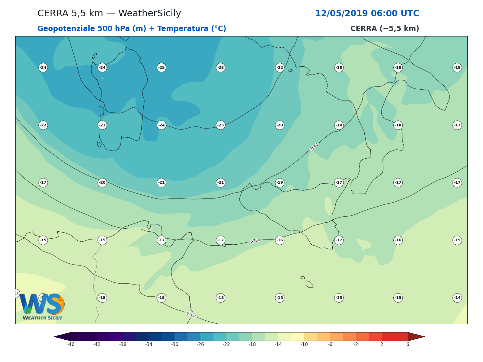 Geopotenziale 500 hPa + Temperatura · 2019051206