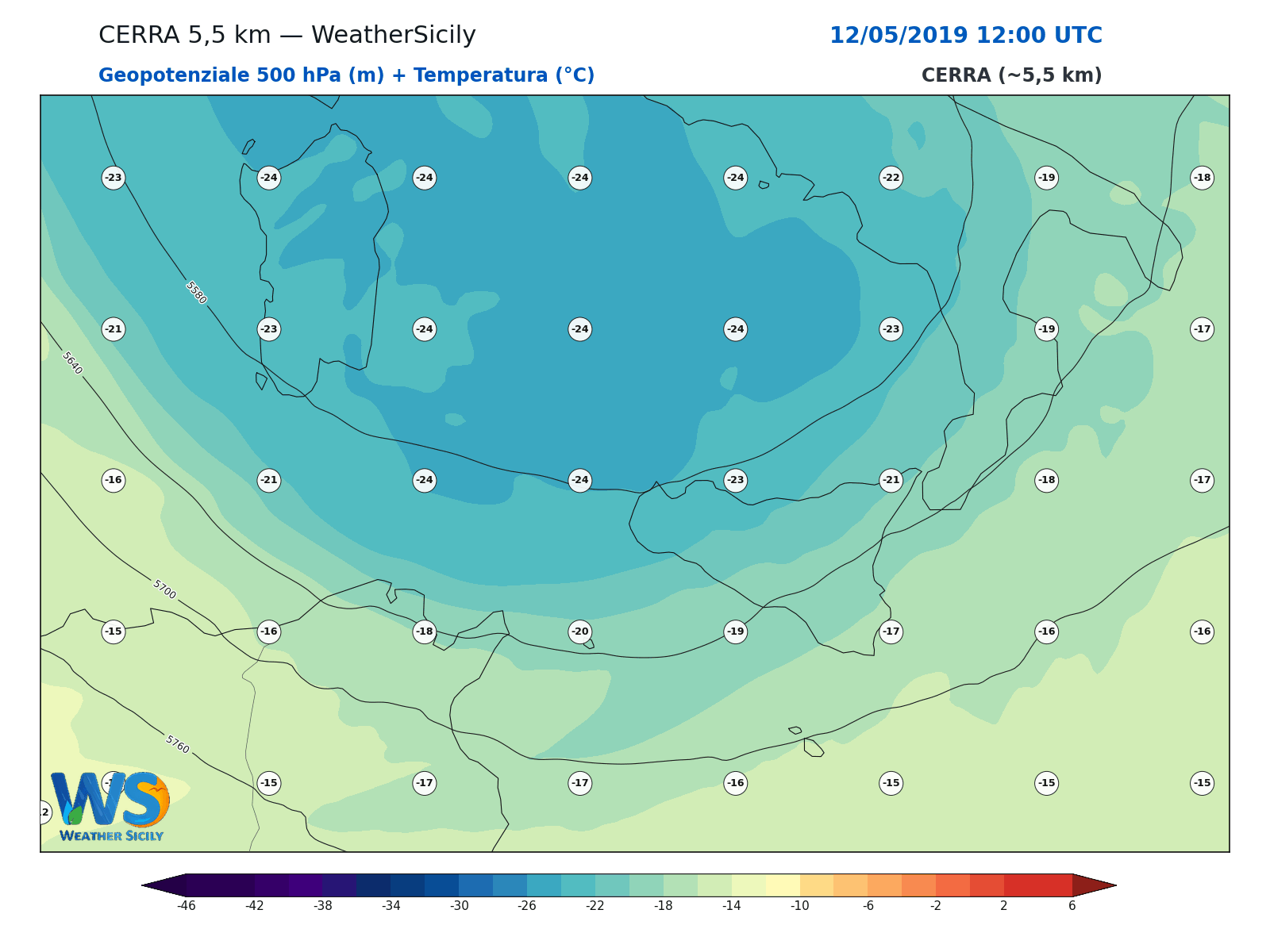 Geopotenziale 500 hPa + Temperatura · 2019051212