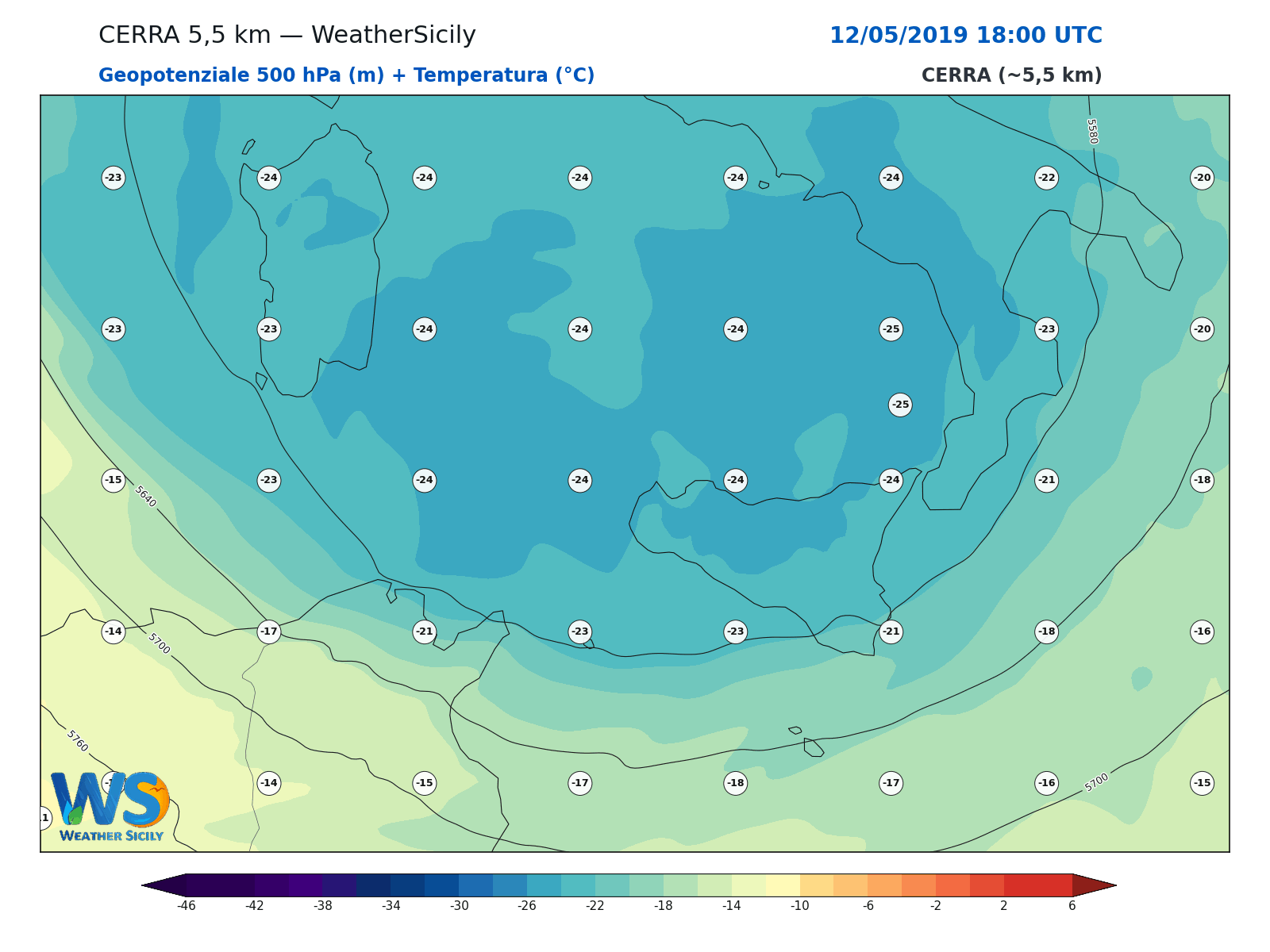 Geopotenziale 500 hPa + Temperatura · 2019051218