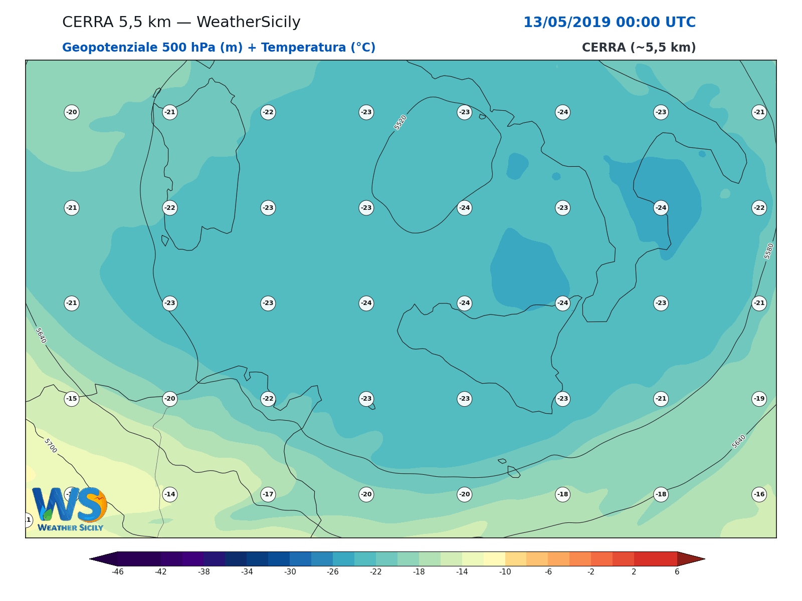 Geopotenziale 500 hPa + Temperatura · 2019051300